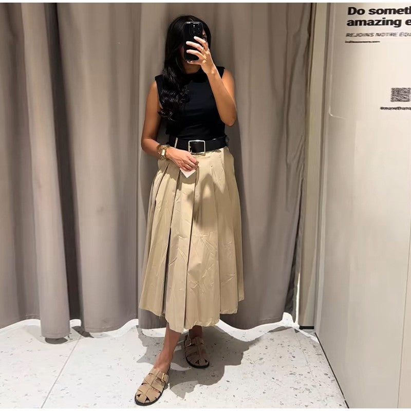 Fashion Patchwork Pleated Long Dress With Belt Women Chic Sleeveless Tank Maxi M