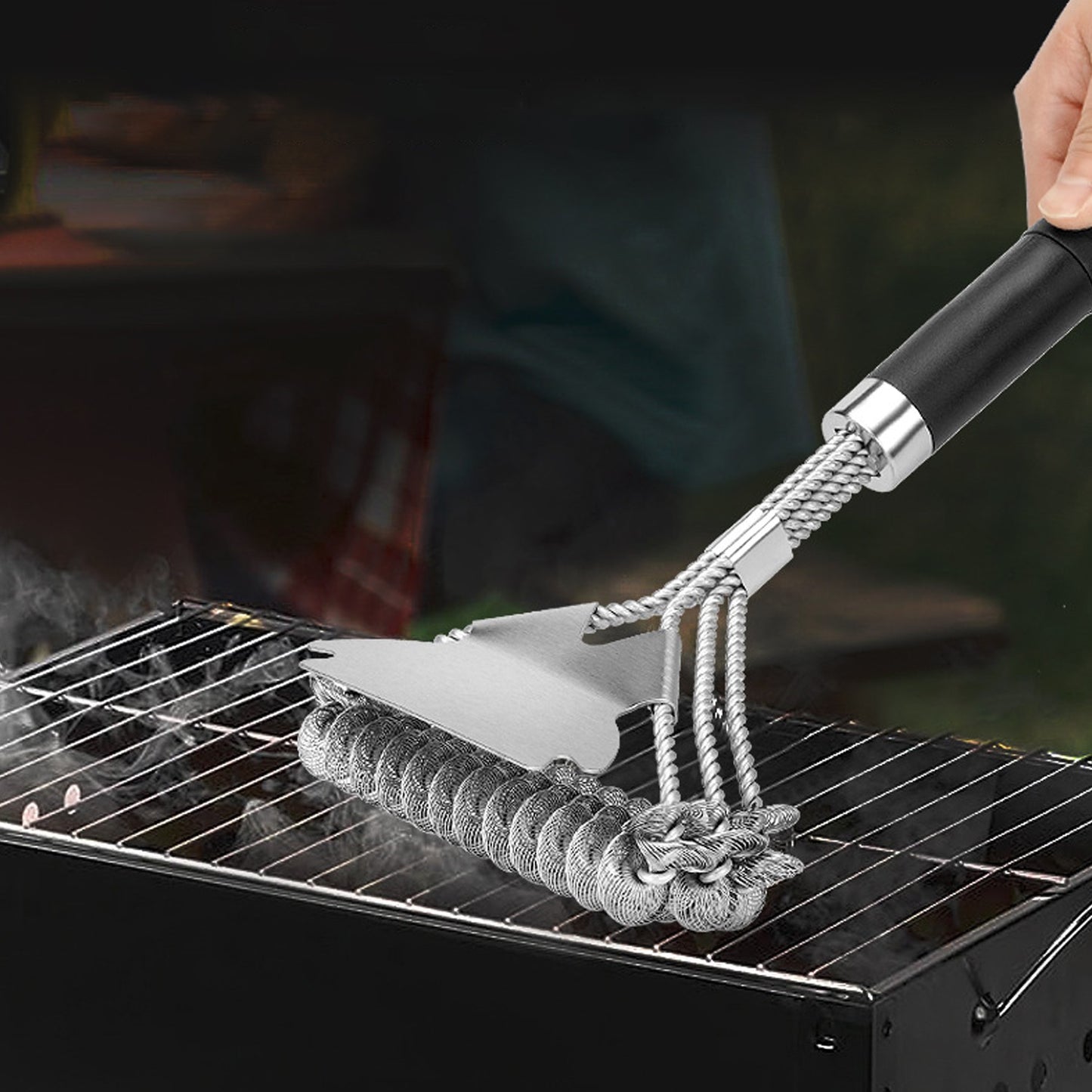 Durable Stainless Steel Grill Brush with Scraper Spring Head - No-Shed Wire BBQ Cleaning Brush for Outdoor Barbecue