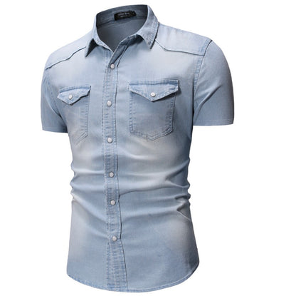 New Men's Fashion Short Sleeve Denim Shirt Soft Solid Color Slim Fit Cowboy Top for Men