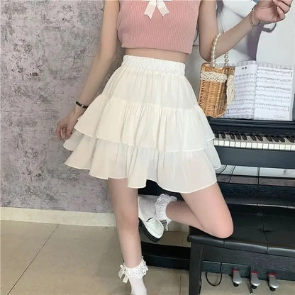 Pleated A-line Skirt White Women Ruffles Sweet Hottie Preppy Style Elastic Elast
