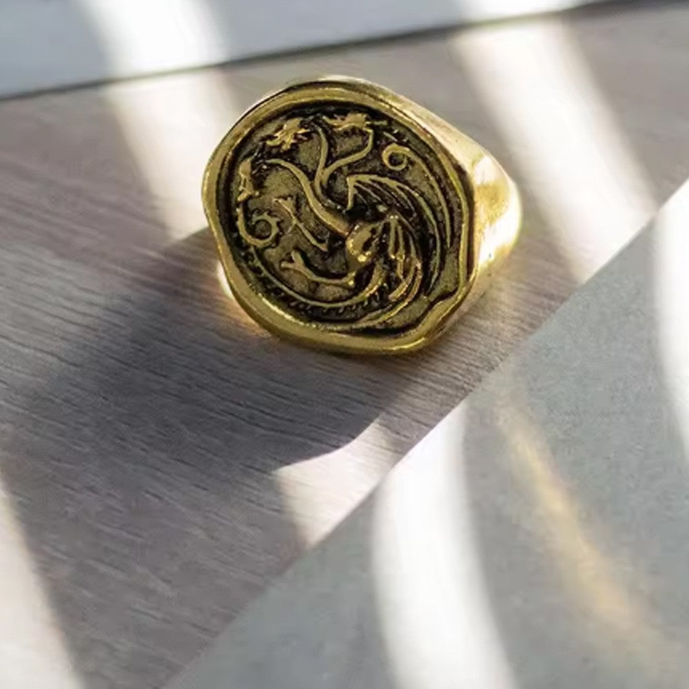 Targaryen Ring Cosplay Three Head Dragon Golden Alloy Metal Rings Fancy Props Halloween Party Costume Accessories Gifts Xmas