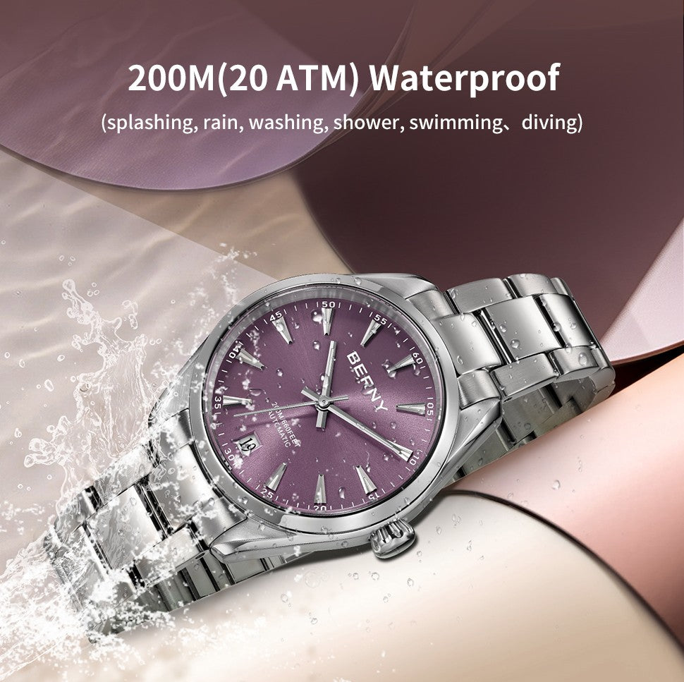 BERNY Automatic Women Watch PT5000 Sapphire Mechanical Elegant Women's Swim Watches 20ATM Full Stainless steel Swim Wristwatch