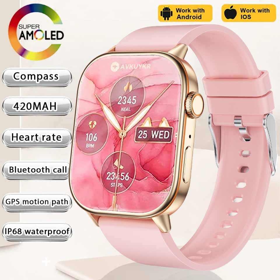 Smartwatch de Música Feminino 2025 Novo com Tela AMOLED HD de 2.01'' Moda, GPS de 6 Estrelas Embutido, Rastreador Impermeável e Chamada, Braceletes