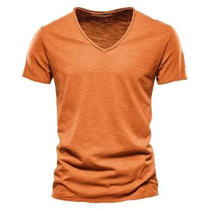 2024 hot summer men's new solid color V-neck pure cotton short sleeved T-shirt hot selling men's T-shirt top