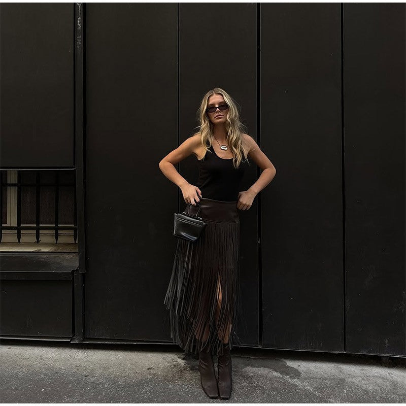 Tassel Leather Midi Skirt Women Solid High Street High-waist A-line Bodycon Long Skirts Spring Summer 2026 Chic All-match Outfit