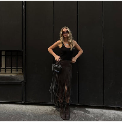 Tassel Leather Midi Skirt Women Solid High Street High-waist A-line Bodycon Long Skirts Spring Summer 2026 Chic All-match Outfit