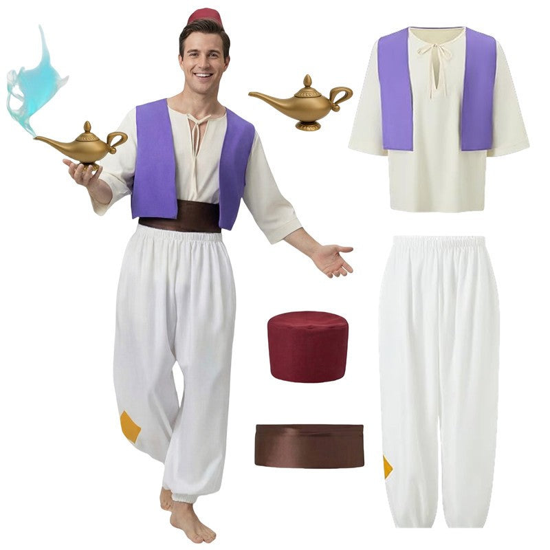 Adult Aladdin Prince Costume Halloween Cosplay Arabian Nights Party Performance Outfit Anime Costume with Genie Lamp Prop Gift