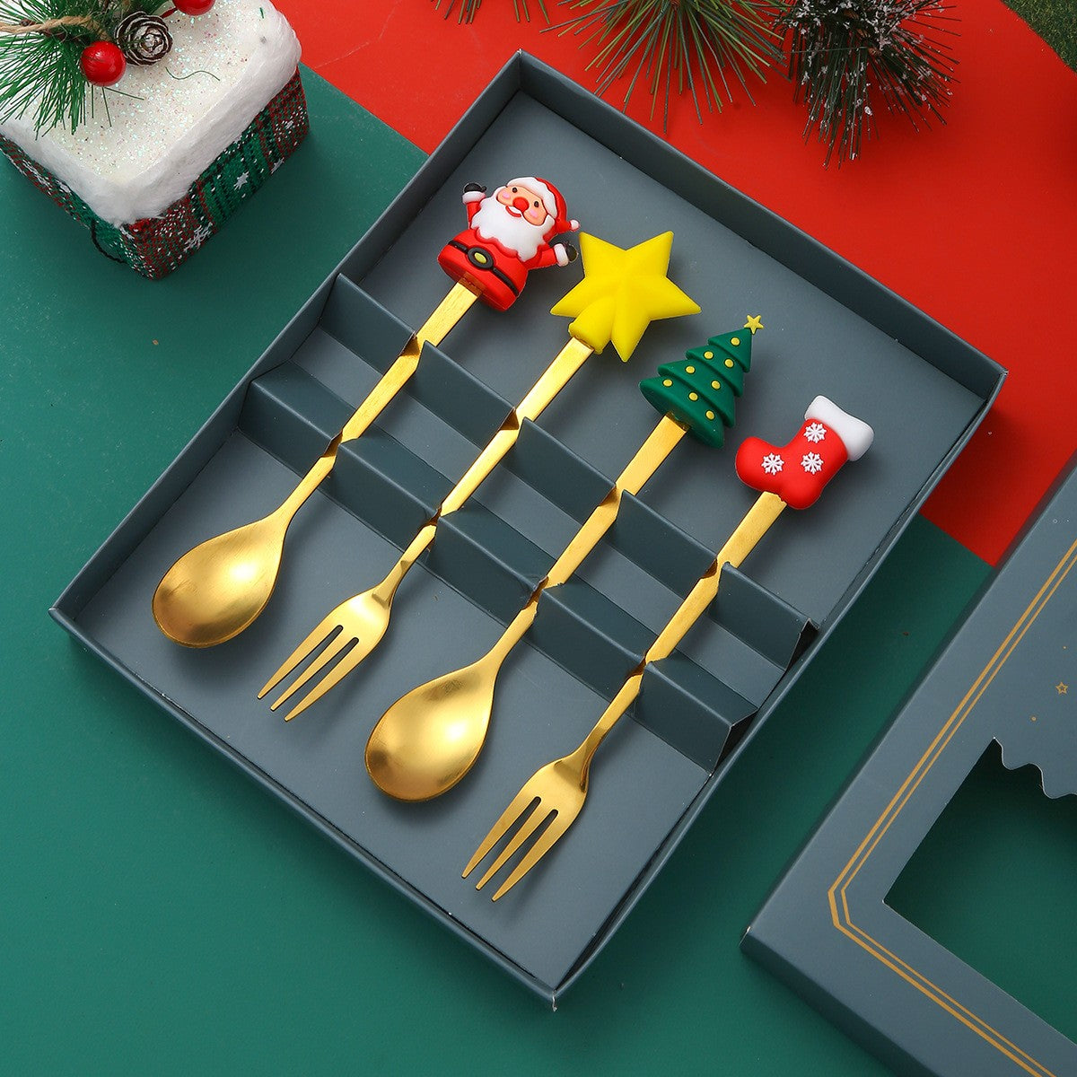 Christmas Cutlery Set Elk Dessert Scoop Fruit Fork Coffee Spoon Stainless Steel Dessert Fork 4/6PCS Christmas Spoons Fork Set