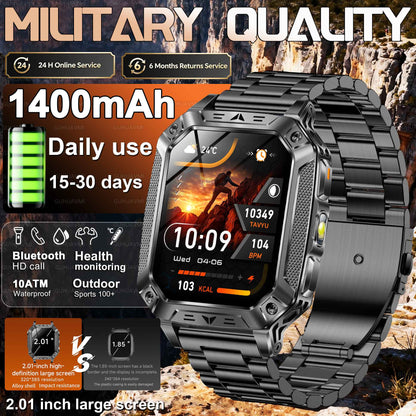 2026 Novo 1400mAh Bateria Grande Militar Ao Ar Livre 2.01 polegadas Smartwatch Masculino 10ATM À Prova D'água Chamada Bluetooth Relógio Inteligente Esportivo