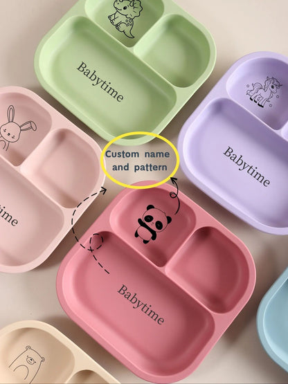 Spill-Proof 3-Section Suction Plate | Custom Name & Fun Cartoon Designs for Toddlers baby silicone square plate