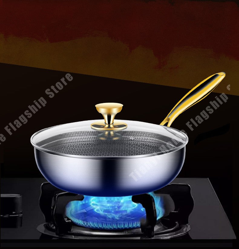 Panela Wok de Aço Inoxidável 316 Antiaderente Favo de Mel para Cozinhar Bife Fogão a Gás Panela de Indução Geral Utensílio de Cozinha