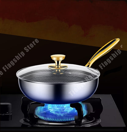 Panela Wok de Aço Inoxidável 316 Antiaderente Favo de Mel para Cozinhar Bife Fogão a Gás Panela de Indução Geral Utensílio de Cozinha