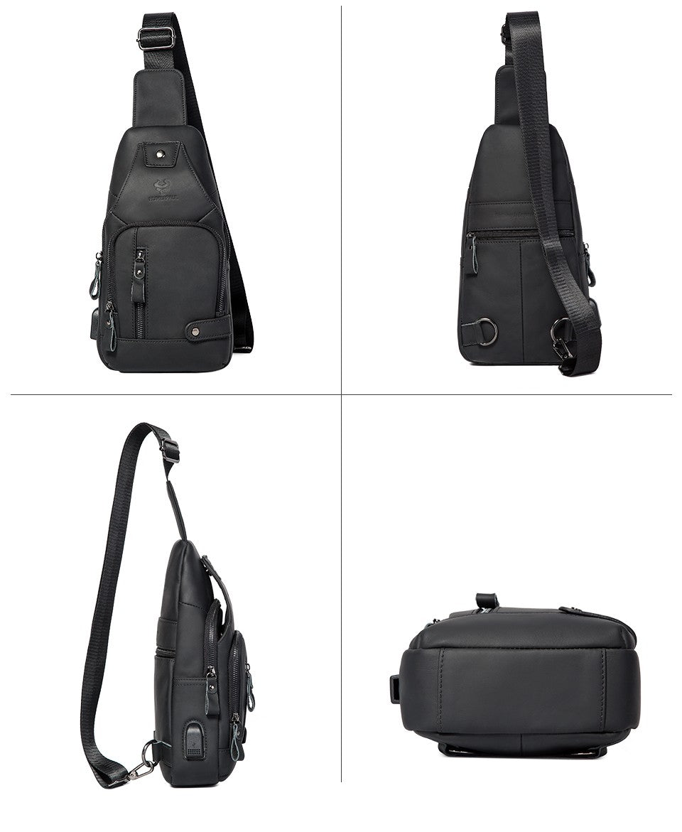 HUMERPAUL Men's Usb Chest Bag 100% Genuine Leather Crossbody Shoulder Bags Multifunction Travel Outdoor Messenger Pack Fashion
