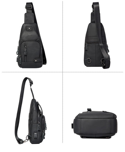 HUMERPAUL Men's Usb Chest Bag 100% Genuine Leather Crossbody Shoulder Bags Multifunction Travel Outdoor Messenger Pack Fashion