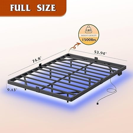 Floating LED Bed Frame with Charging Station | Heavy-Duty Metal Platform, Easy Assembly, No Noise