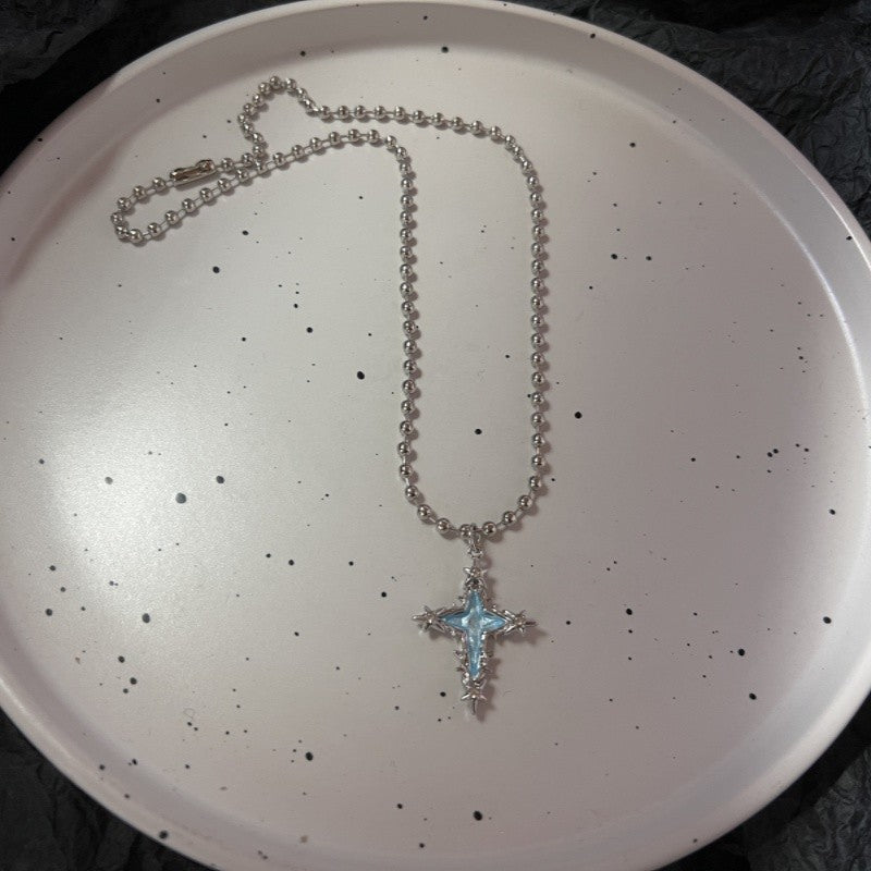 Trendy Punk Blue Cross Pendant Sliver Color Chain Necklace For Women Men Fashion Gothic Y2K Charms Hip Hop Jewelry Accessories
