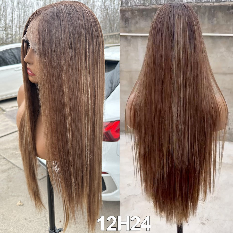 Perucas Frontais de Renda Reta de 30 polegadas 13X4 Castanho Claro P12/24 Ombre Coloridas Pré-selecionadas Macias Naturais de Alta Temperatura para Cosplay
