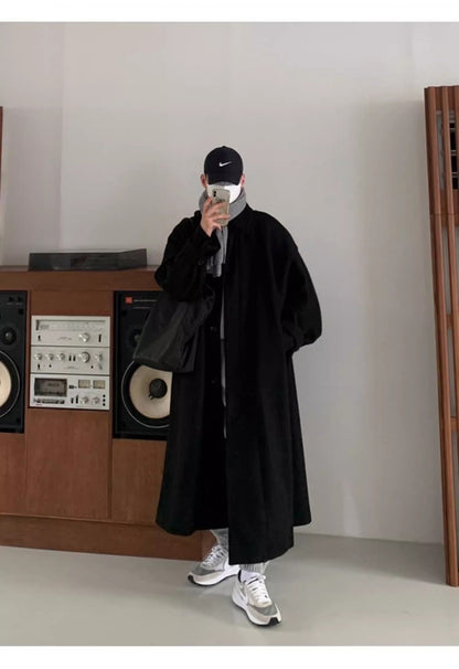 Mauroicardi Autumn Winter Long Warm Grey Black Slouchy Woolen Coat Men Single Breasted Loose Casual Wool Blends Overcoat 2023