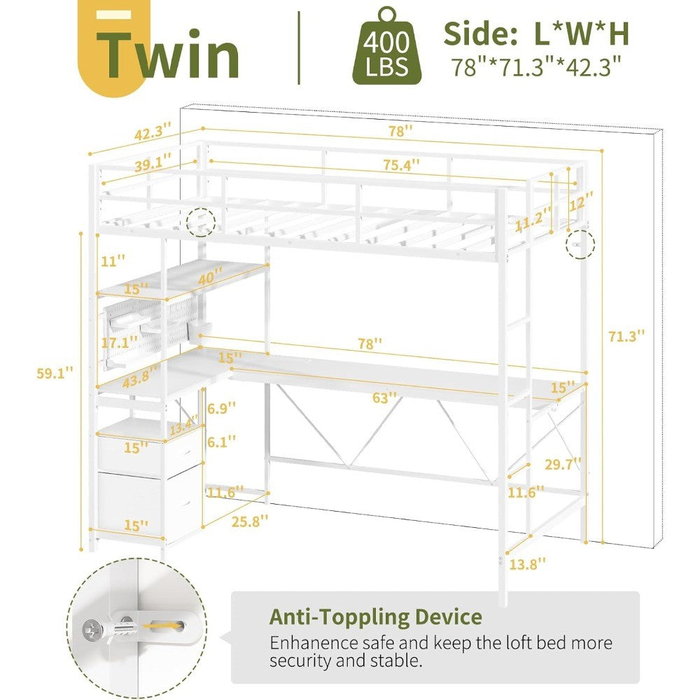 Yoobure Loft Bed Twin Size with L-Shaped Desk, LED Lights Charging Station LED Metal Twin Loft Bed Frame with 2 Storage Drawers