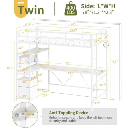 Yoobure Loft Bed Twin Size with L-Shaped Desk, LED Lights Charging Station LED Metal Twin Loft Bed Frame with 2 Storage Drawers