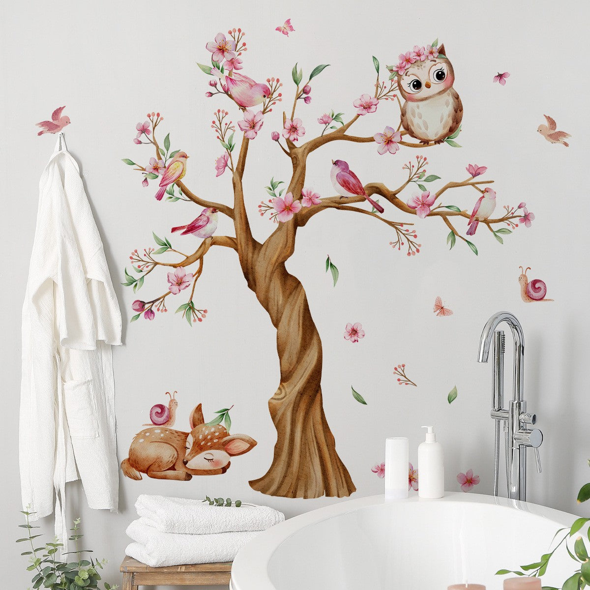 Pink Tree Branches Birds Butterflies Elf Girls Meet Wall Stickers Bedroom Children's Room Home Wall Decoration Self-adhesive