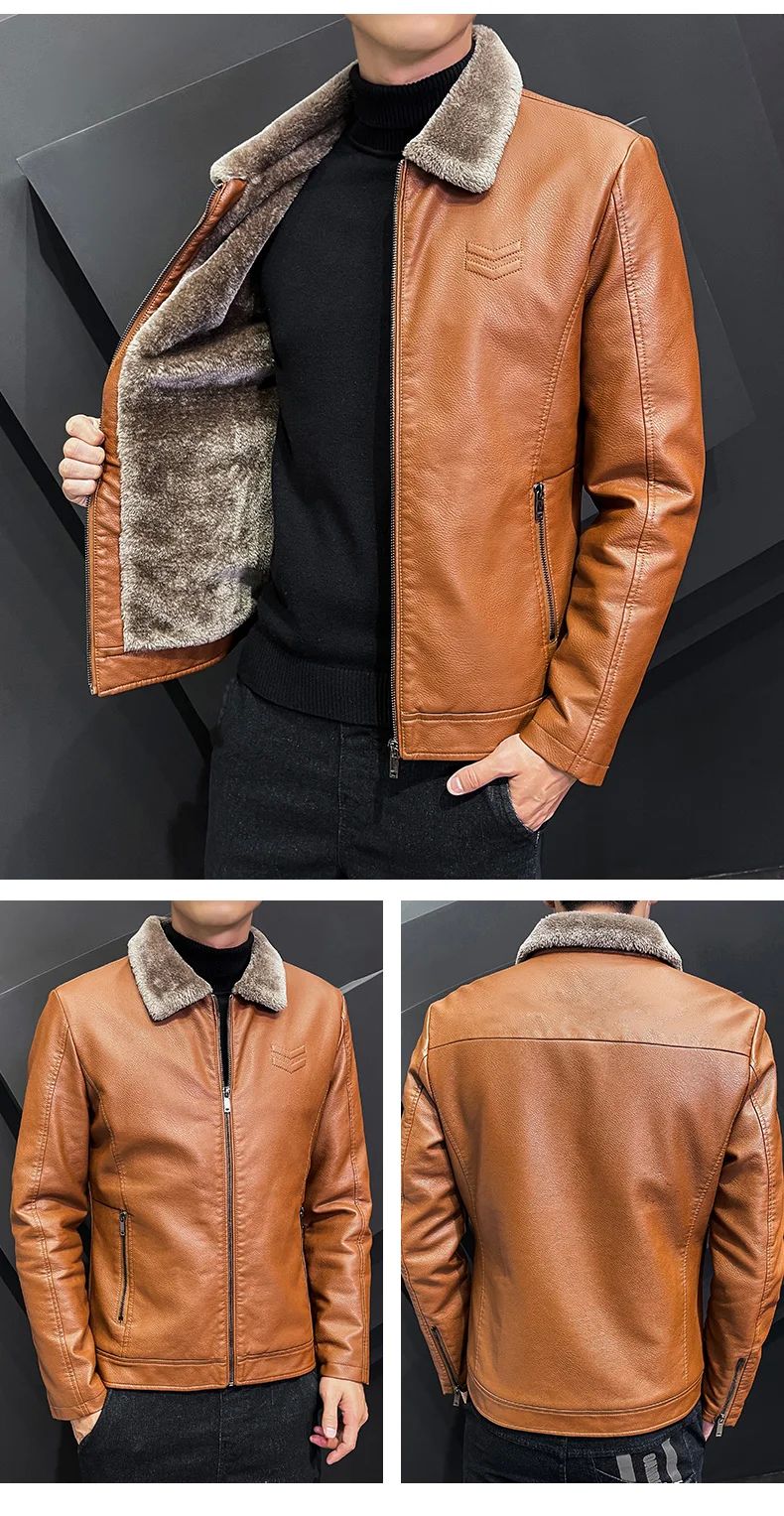 Vintage Brown Leather Jacket Men's Winter Faux Fur Collar Windproof Warm Coat Male Luxury Clothing Brand chaqueta cuero hombre