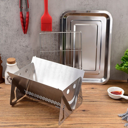 3-Piece Stainless Steel Portable BBQ Set - Compact Folding Grill for Camping, Mini Detachable Card-Style Outdoor Cooking