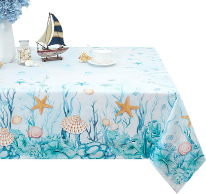 Ocean Nautical Coral Starfish Seashell Tablecloth Table Decor Waterproof Farmhouse Kitchen Dining Table Cloth Party Decoraitons