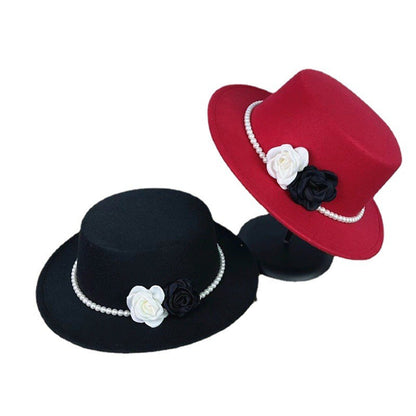 Chapéu Fedora Feminino Corrente Floral Alta Costura com Alfinetes de Pérola Boné em Relevo Preto Branco Outono Inverno Chapéu de Aba Larga para Meninas
