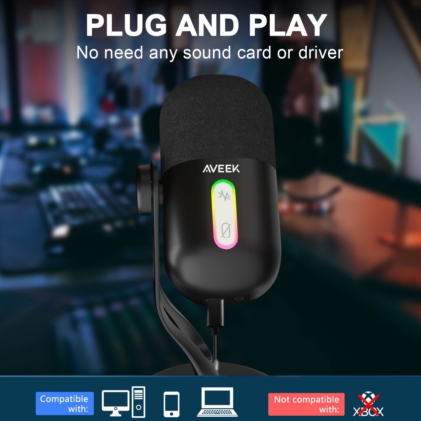 Microfone Condensador USB Aveek, Microfone de Estúdio para Jogos para PC, PS4, PS5 e Mac, Sensor Tap-to-Mute, RGB com Cancelamento de Ruído