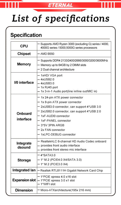 Placa-mãe gamer SOYO AMD B550M USB3.1 M.2 Nvme Sata3 DDR4 Dual Channel Suporta RYZEN R3 R5 R7 3000 4000 5000 CPU Socket AM4