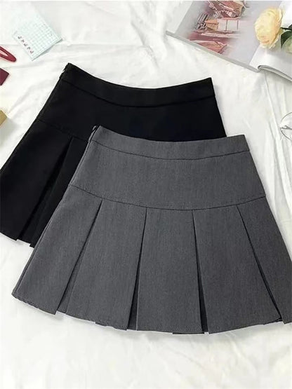 Vintage Gray Pleated Skirt Women Kawaii High Waist Mini Skirts Korean Fashion Sc