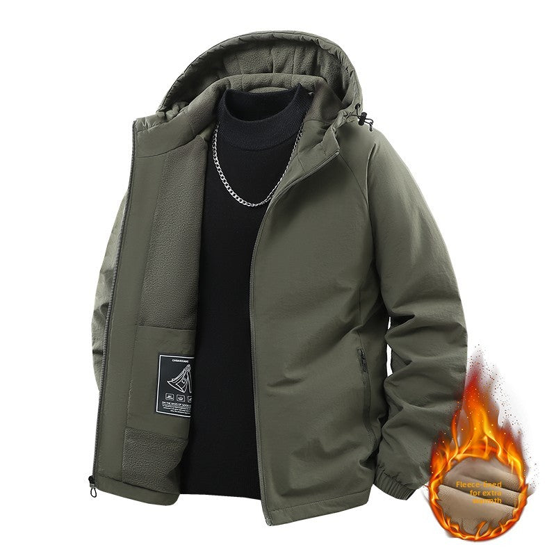 Jaqueta de Pesca Masculina Externa Capuz Larga Forro Polar Grosso Casaco Outono Inverno Jaqueta Casual Simples Versátil Casaco Acolchoado de Algodão