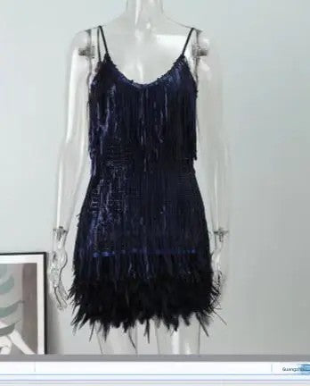 2024 Summer New Fashionable Framed Sequins Feather Patchwork Dress Colorful Amazon Direct Sales Women's Sleeveless Dress