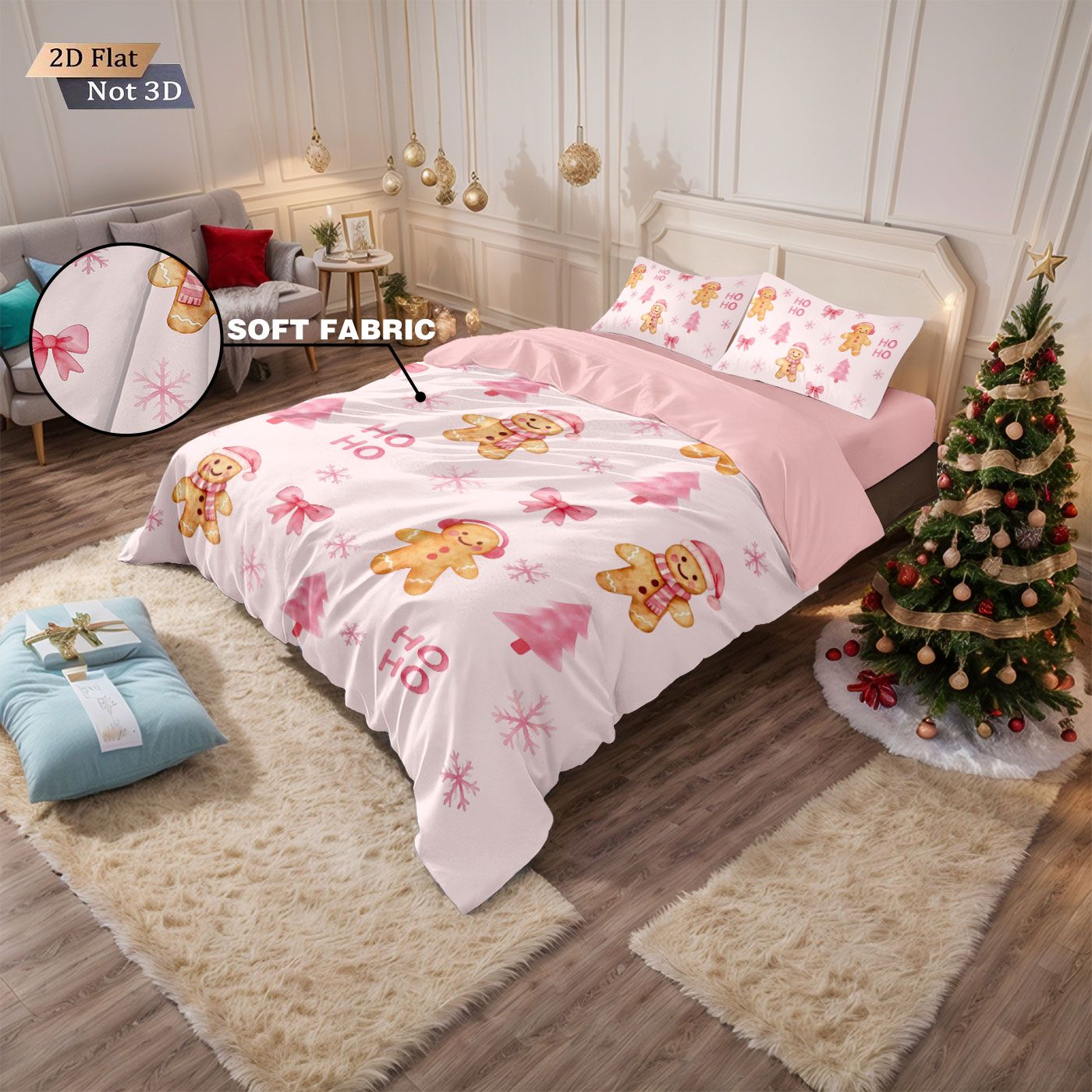 3pcs pink Merry Christmas gingerbread printed coreless bedding set multi size bedroom bedding holiday decoration comfortable