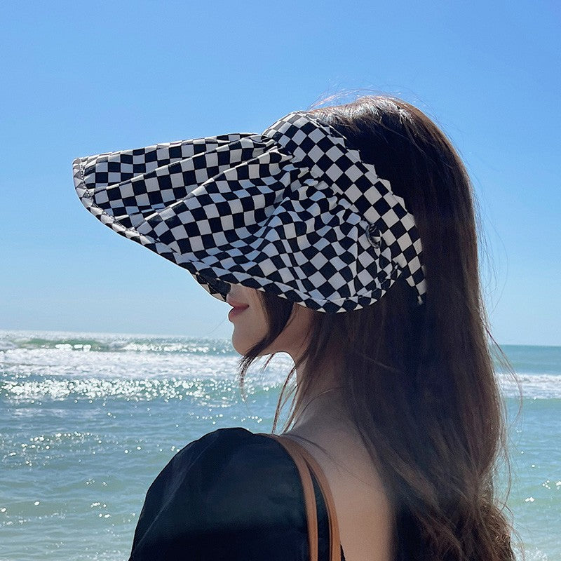 Chapéu gradiente xadrez Chapéu de verão feminino Chapéu vazio Viseira de sol Chapéu de sol de verão com aba larga Chapéu de proteção UV para mulheres Chapéu de praia