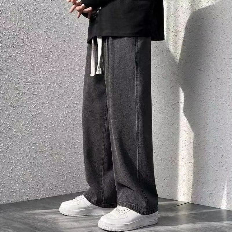 2025 New Korean Men's Casual Long Jeans Classic Man Straight Denim Wide-leg Pants Gyms Solid Color Light Blue Grey Black M-3XL