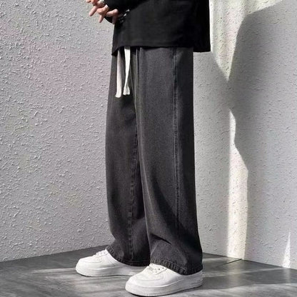 2025 New Korean Men's Casual Long Jeans Classic Man Straight Denim Wide-leg Pants Gyms Solid Color Light Blue Grey Black M-3XL
