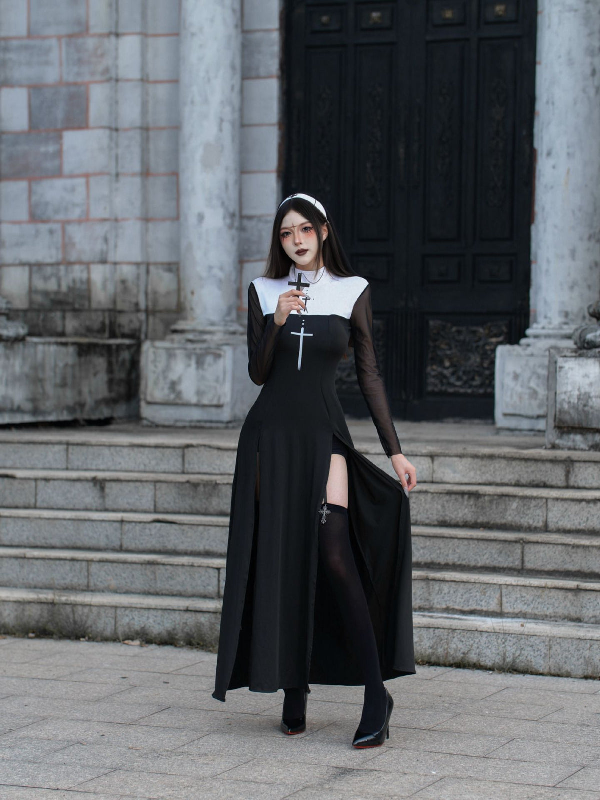 Sexy Nun Cosplay Costume Gothic Black Split Long Dress with Head Veil Halloween Carnival Party Fancy Dress for Women Nun