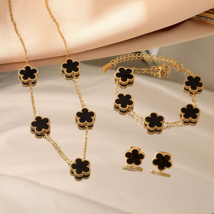 LUXUKISSKIDS Conjunto de Colar e Brincos de Flor Fashion Joias Femininas Aço Inoxidável Concha Branca Trevo Pulseira Acessórios de Joias
