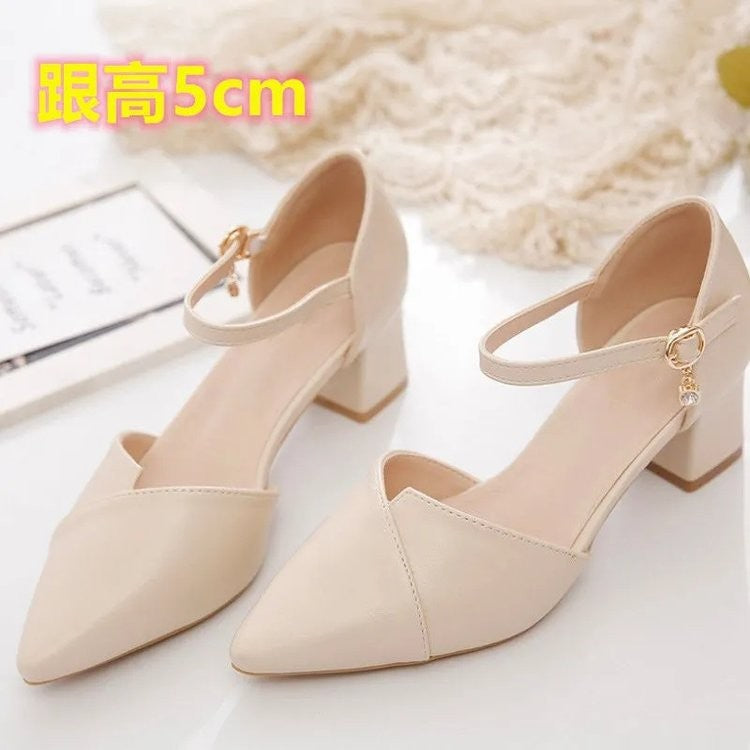 Sandália Feminina Elegante Bege Bico Fino Salto Médio Tira Fina Transpassada Fivela Sapatos de Escritório Diários