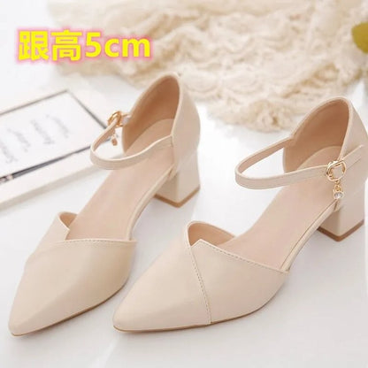 Sandália Feminina Elegante Bege Bico Fino Salto Médio Tira Fina Transpassada Fivela Sapatos de Escritório Diários