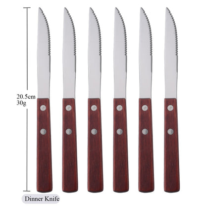Conjunto de Talheres 6/10 Peças Cabo de Madeira Natural Facas de Carne Talheres Faca de Jantar de Aço Inoxidável Utensílios de Cozinha