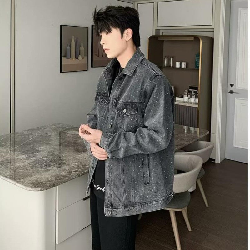 American Trendy Denim Jacket Mens Make Old Flash Diamond Fashion Outwear Spring Single-breasted Street Couple Cowboy Coats