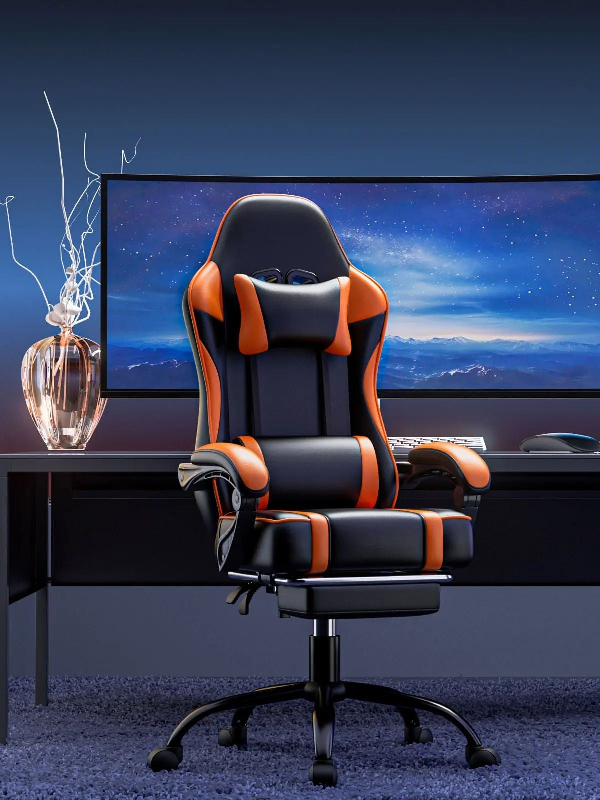Cadeira Gamer com Apoio para os Pés, Cadeira de Videogame de Couro PU para Adultos, Cadeira Gamer Reclinável para Escritório