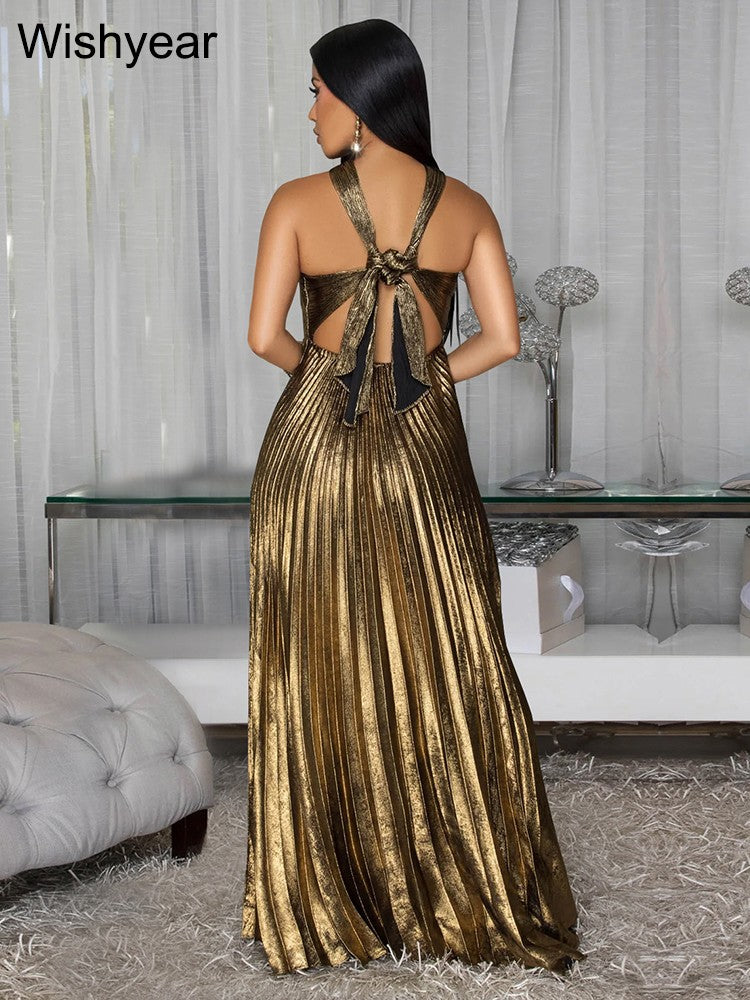 Wishyear Women's Sexy Ruched Patchwork Bodycon Dress Halter Sleeveless Backless for Autumn Birthday Party Evening Christmas Prom