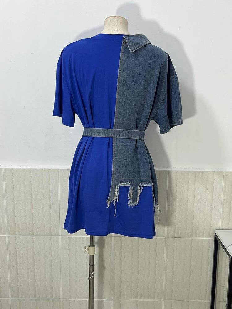 XFPV Women's Sweet high Waist Wrap Belt Round Neck patchwork Denim Shirt  Chic Top Y2k Korean Fashion Spring Summer 2025 SM11327