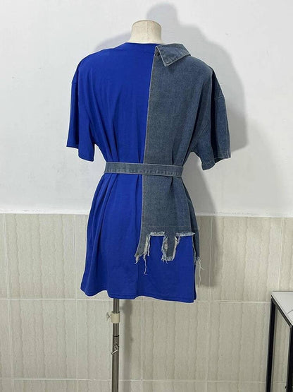 XFPV Women's Sweet high Waist Wrap Belt Round Neck patchwork Denim Shirt  Chic Top Y2k Korean Fashion Spring Summer 2025 SM11327