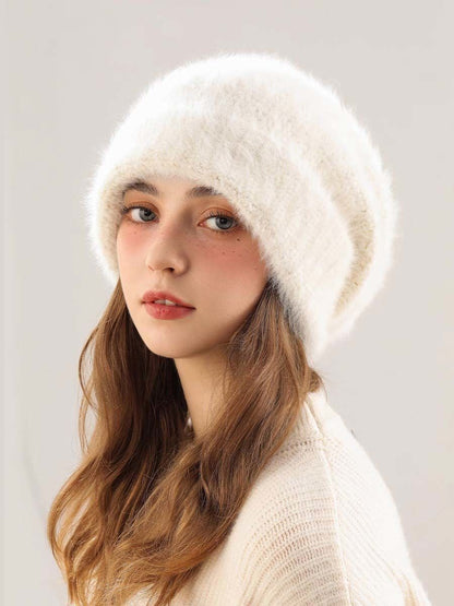 Angora Rabbit Fur Beanies Women's Warm Fluffy Knitted Slouchy Beanie Hat Female Soft Oversize Thermal Hats Autumn Winter