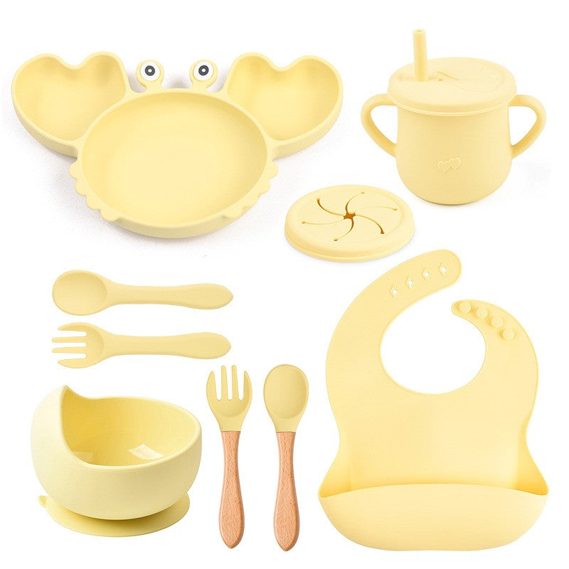 9Pcs Baby Silicone Non-Slip Suction Bowl Plate Spoon Waterproof Bib Cup Set Baby Crab Dishes Food Feeding Bowl for Kids BPA Free
